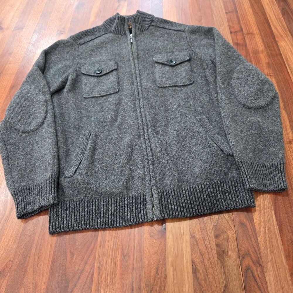 Pronto Uomo Blue Charcoal Zip-Up 100% Wool Sweater Elbow Patches Size Large